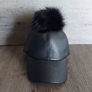 Women's Faux Leather Fur Pom Pom Baseball Cap